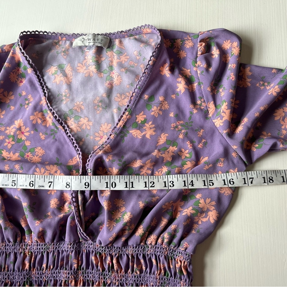 Wayf: Delancy Smocked Waist Lavender Floral Print Boho Mini Dress XS - Picture 7 of 8